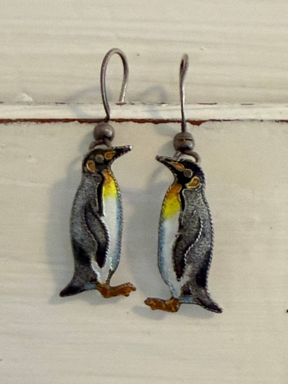 Penguin Bird Earrings - Yellow and Gray Cloisonne Penguin Dangle Earrings